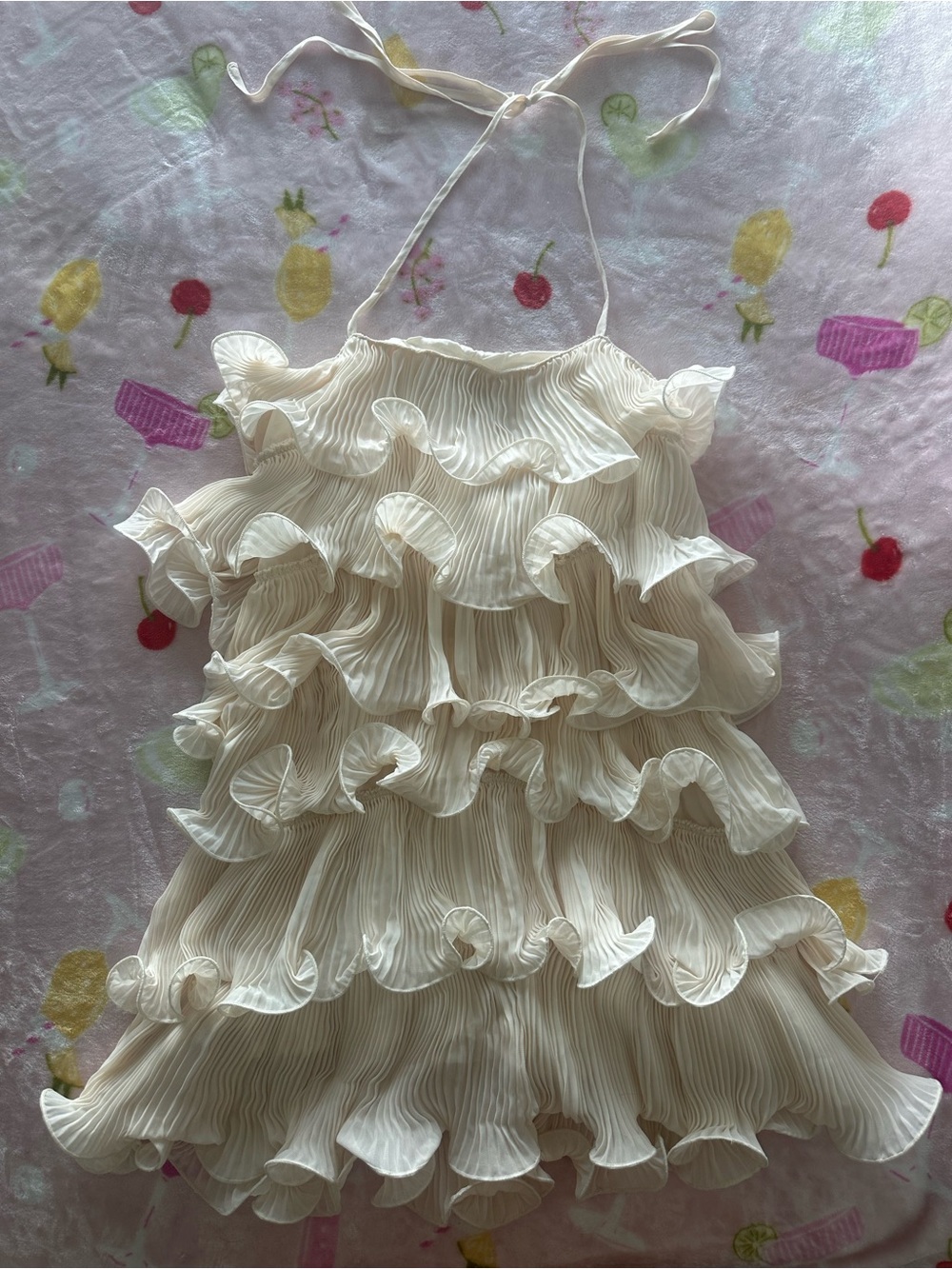 Women's Cream Ruffle Mini Dress - Halter Tiered Style